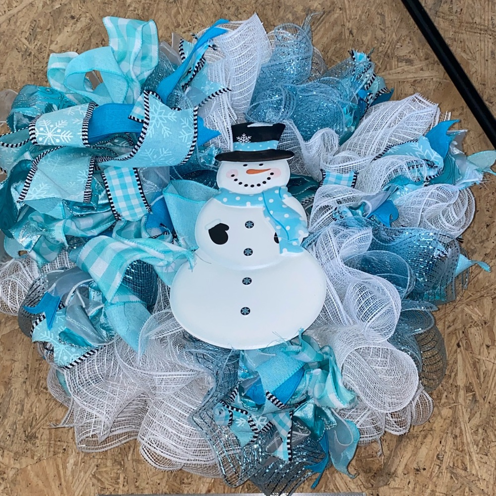 Festive Snowman Holiday Wreath - Blue and White